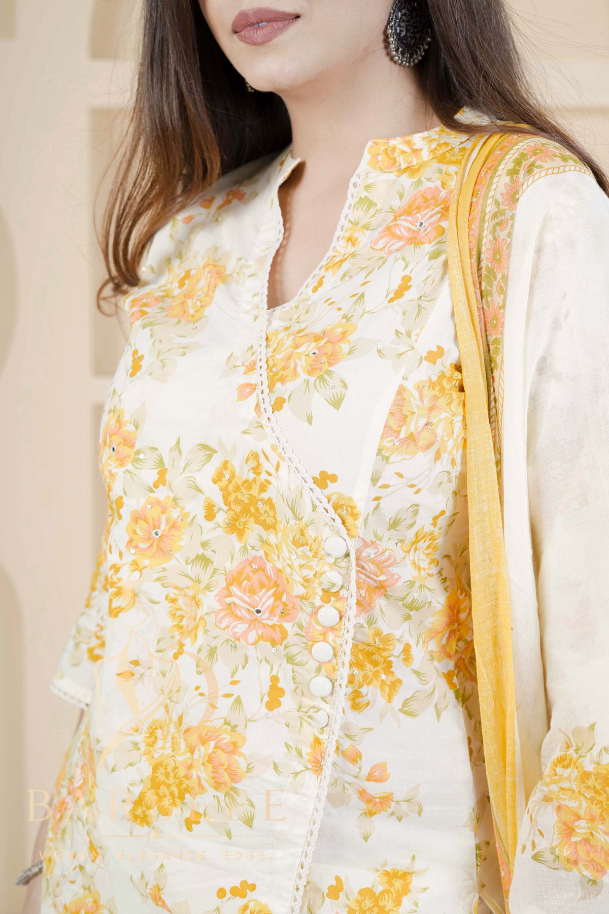BARBEEE Embellished, Embroidered, Floral Print Kurta, Trouser/Pant & Dupatta Set - Yamini (White & Yellow)