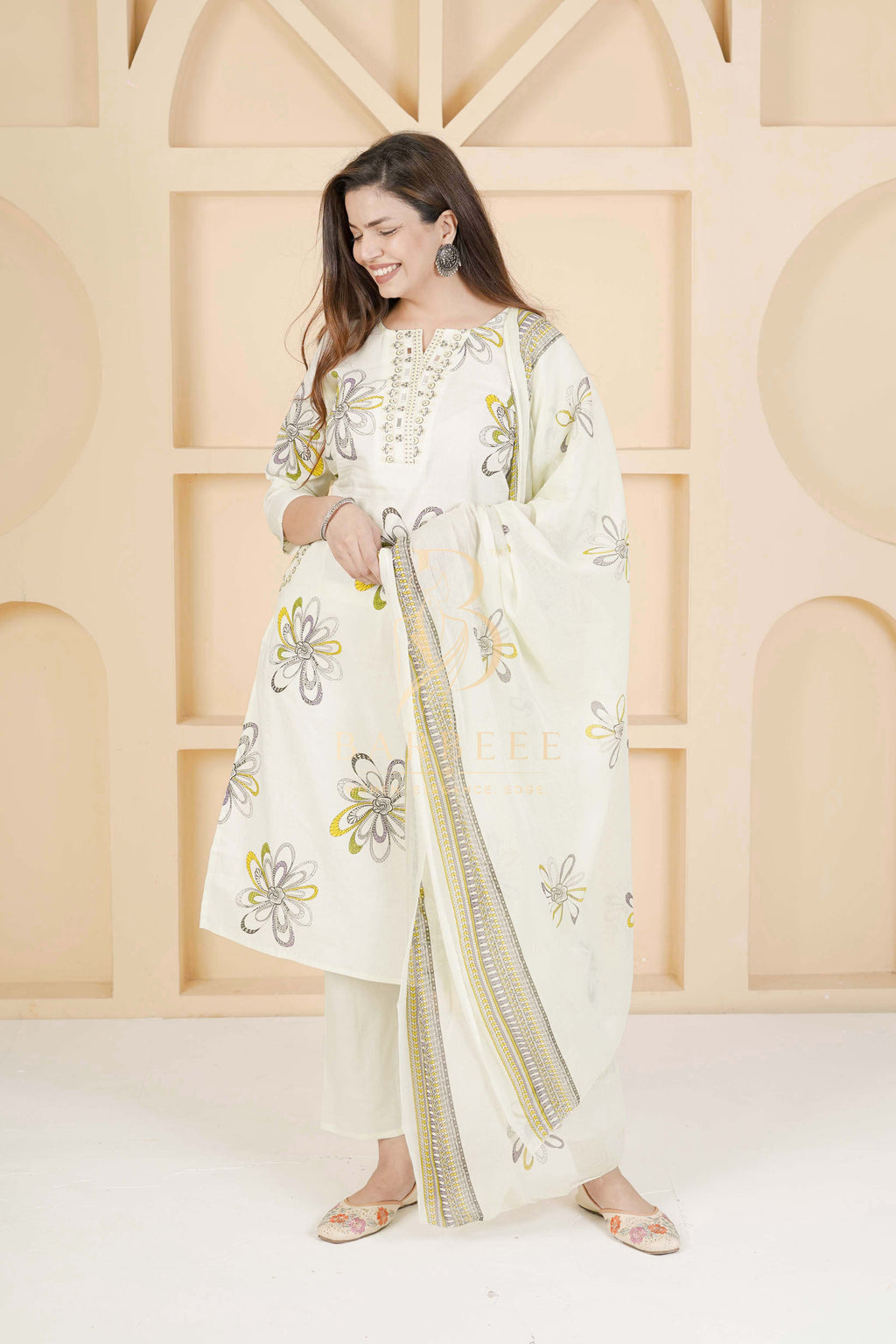 BARBEEE Embroidered, Embellished, Floral Print Kurta, Trouser/Pant & Dupatta Set - Siya (Off White)