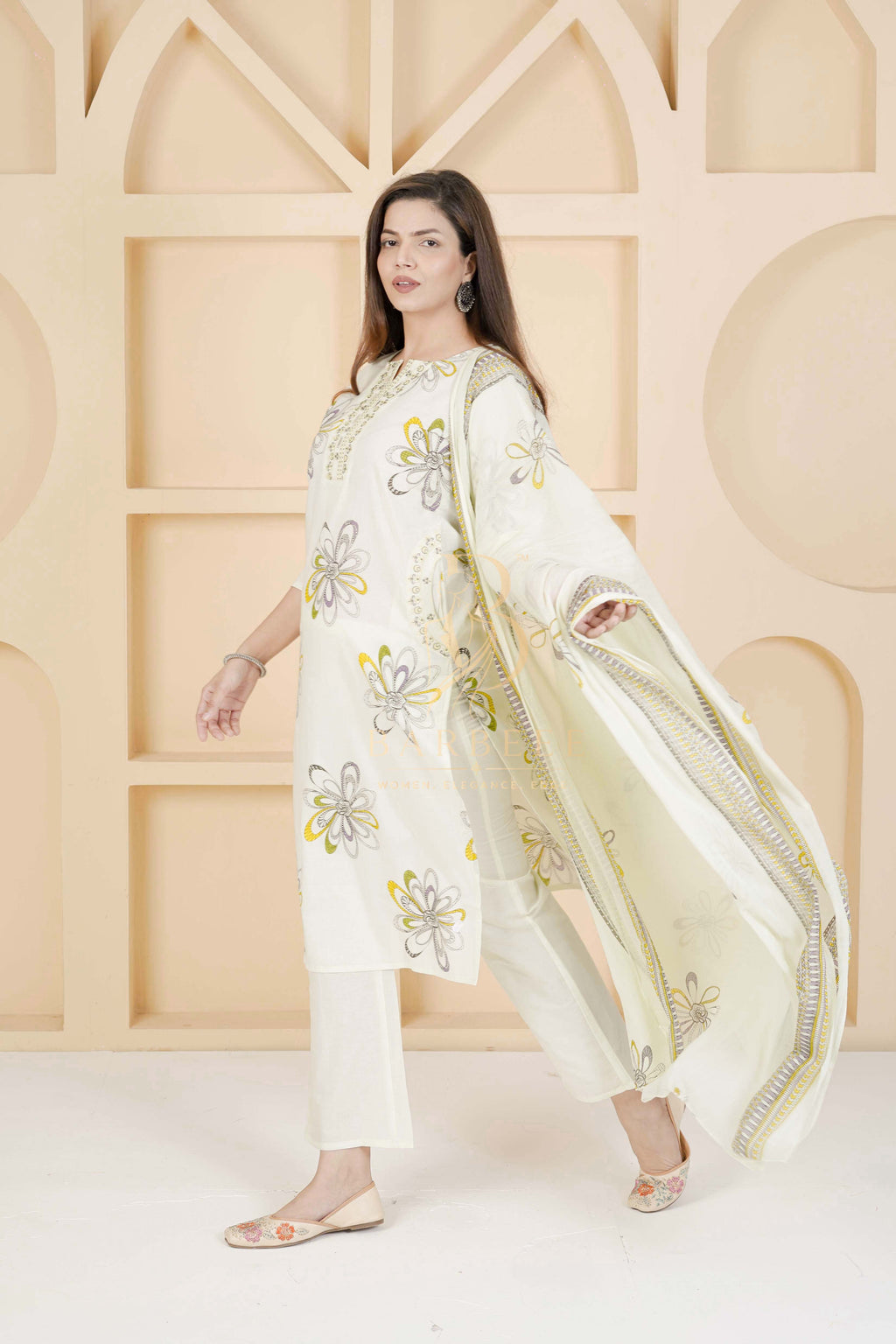BARBEEE Embroidered, Embellished, Floral Print Kurta, Trouser/Pant & Dupatta Set - Siya (Off White)
