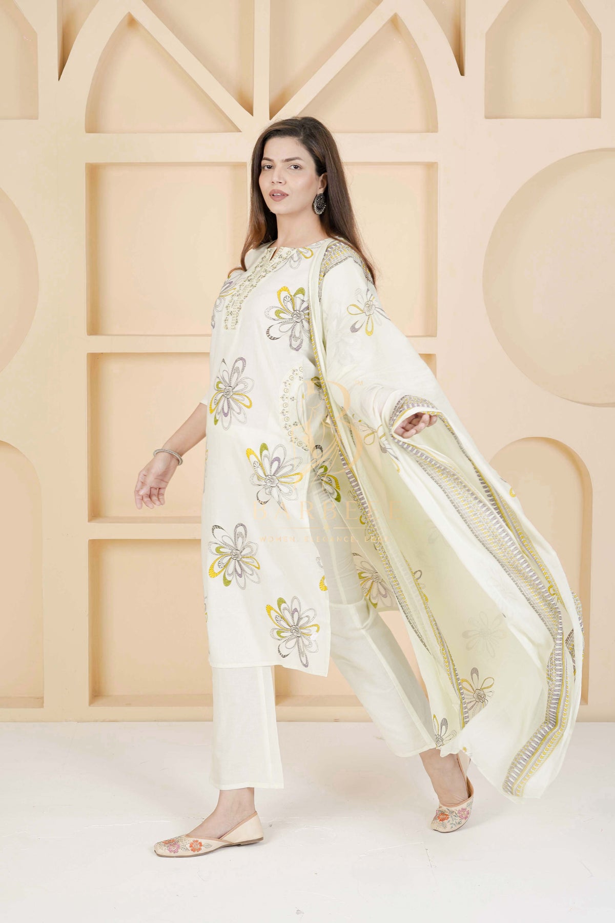 BARBEEE Embroidered, Embellished, Floral Print Kurta, Trouser/Pant & Dupatta Set - Siya (Off White)