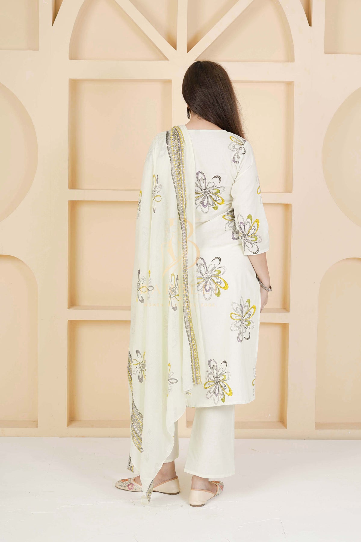 BARBEEE Embroidered, Embellished, Floral Print Kurta, Trouser/Pant & Dupatta Set - Siya (Off White)