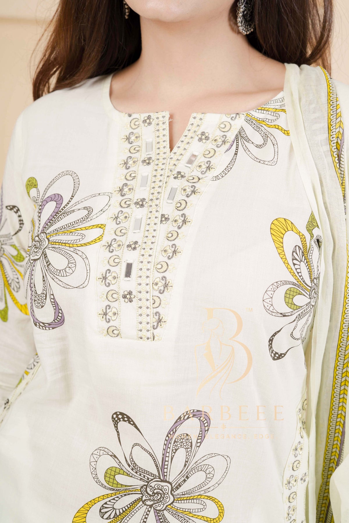 BARBEEE Embroidered, Embellished, Floral Print Kurta, Trouser/Pant & Dupatta Set - Siya (Off White)