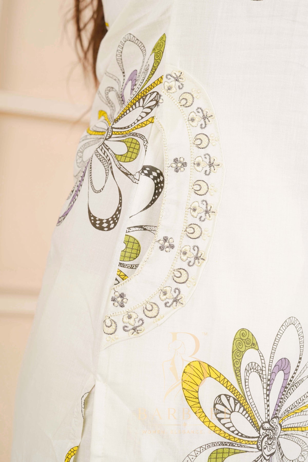 BARBEEE Embroidered, Embellished, Floral Print Kurta, Trouser/Pant & Dupatta Set - Siya (Off White)
