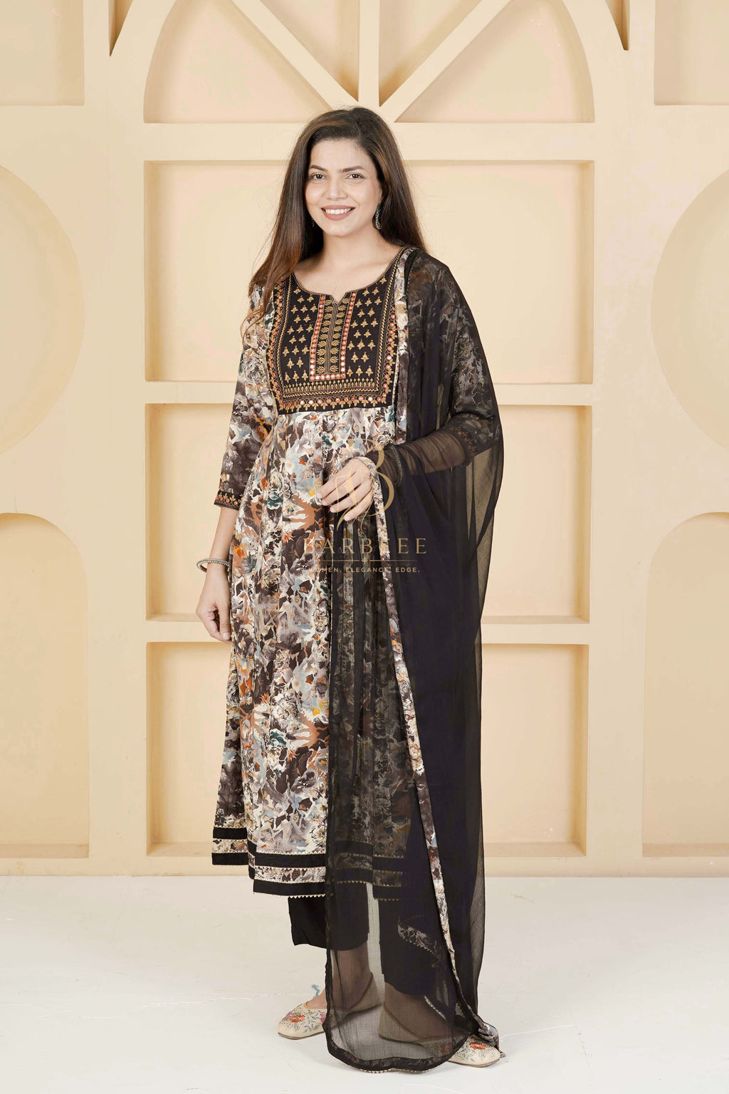 BARBEEE Embroidered, Embellished, Floral Print Kurta, Trouser/Pant & Dupatta Set - Kyra (Black)