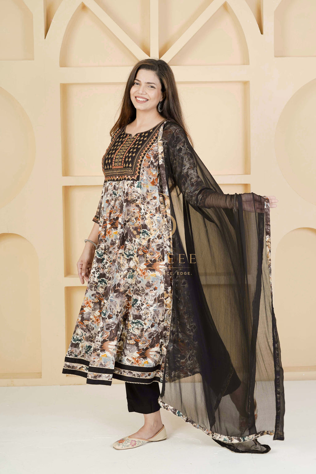 BARBEEE Embroidered, Embellished, Floral Print Kurta, Trouser/Pant & Dupatta Set - Kyra (Black)
