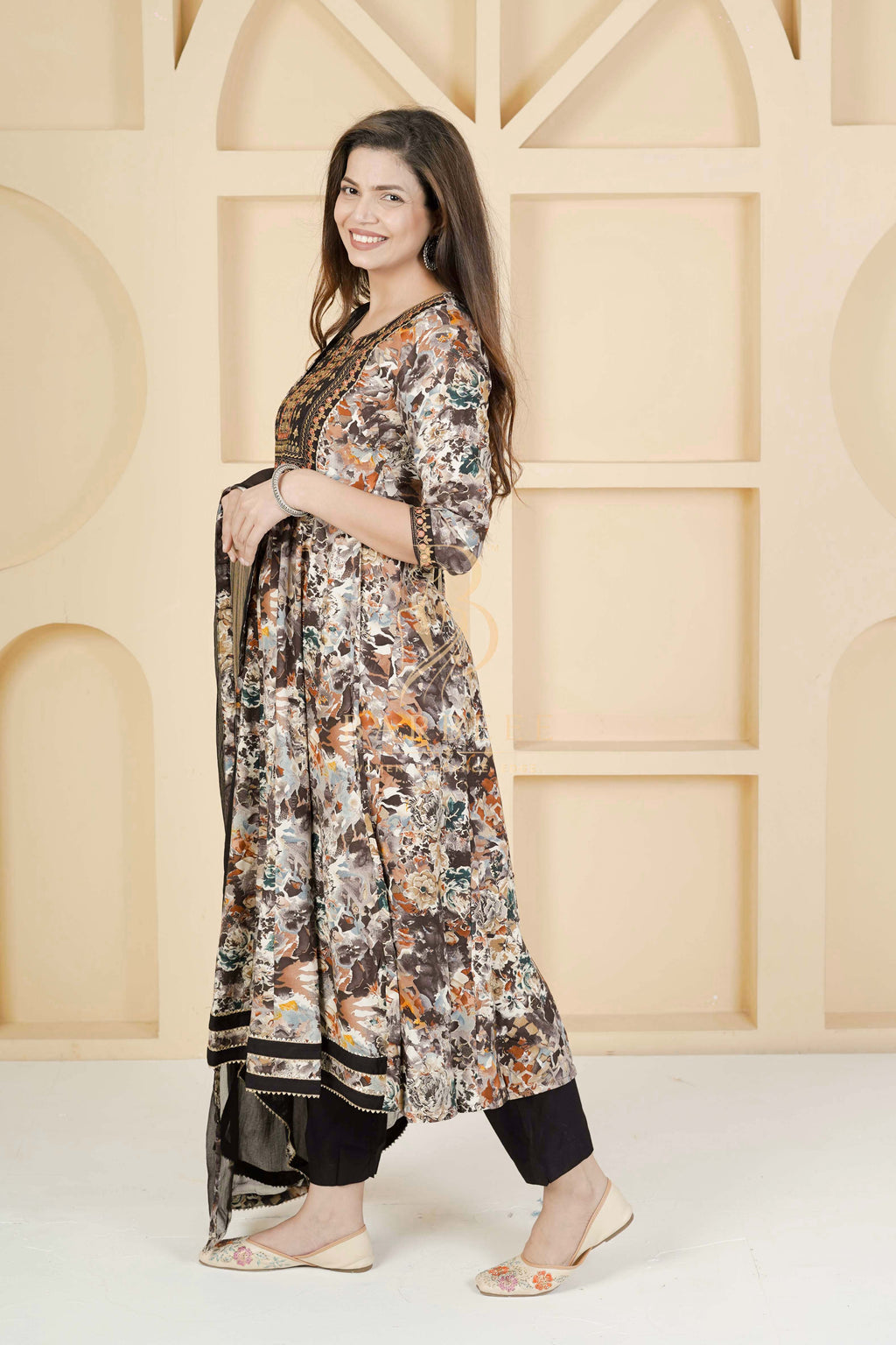 BARBEEE Embroidered, Embellished, Floral Print Kurta, Trouser/Pant & Dupatta Set - Kyra (Black)