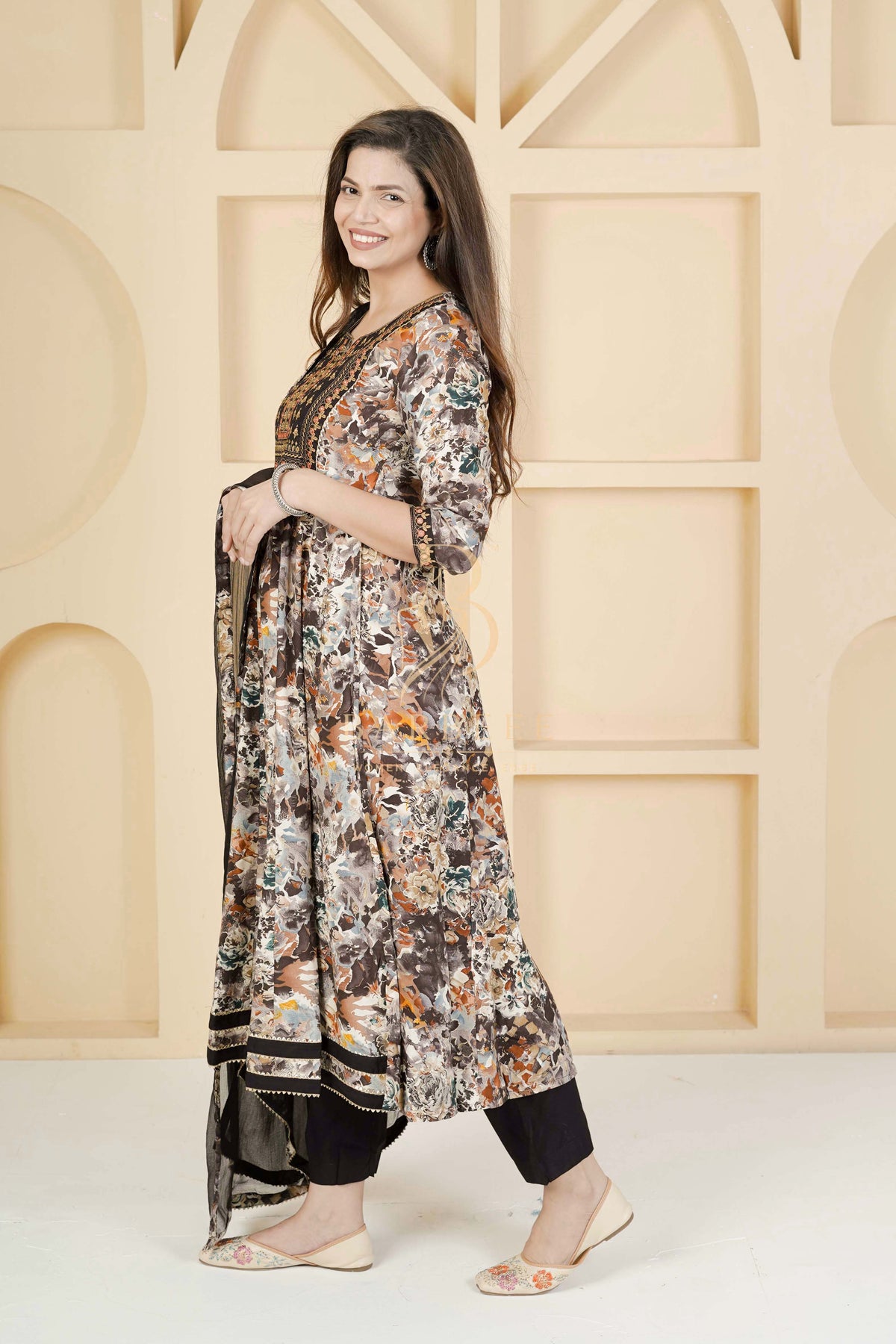 BARBEEE Embroidered, Embellished, Floral Print Kurta, Trouser/Pant & Dupatta Set - Kyra (Black)