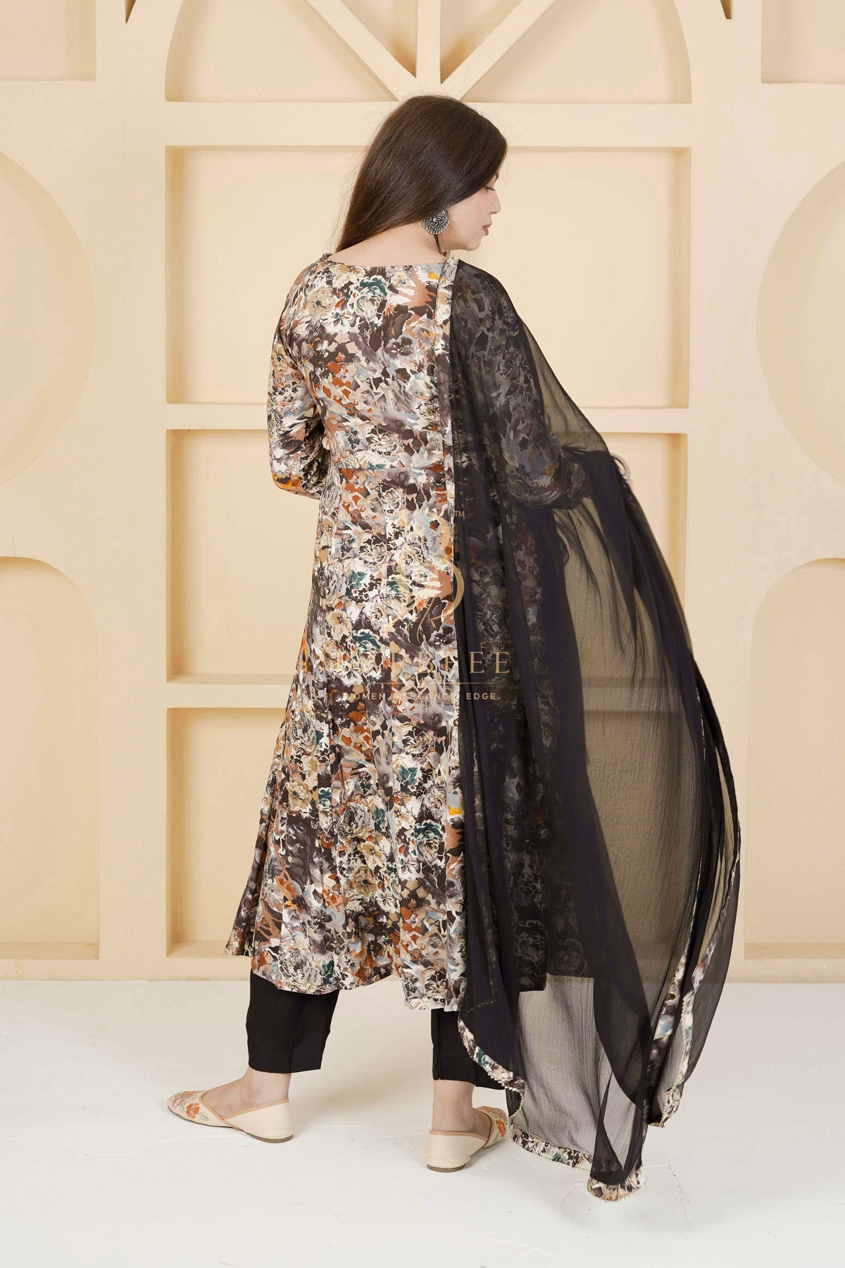 BARBEEE Embroidered, Embellished, Floral Print Kurta, Trouser/Pant & Dupatta Set - Kyra (Black)