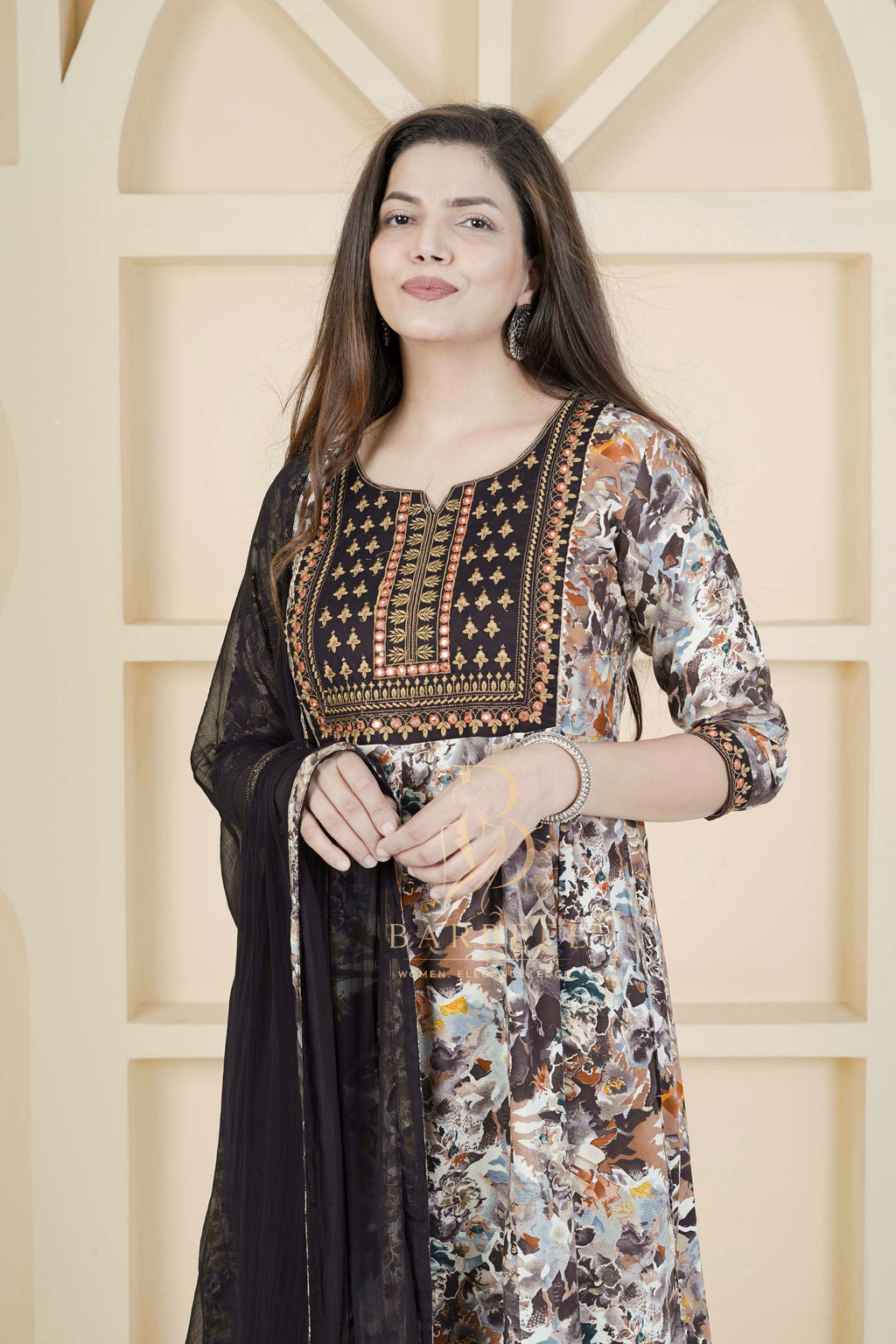BARBEEE Embroidered, Embellished, Floral Print Kurta, Trouser/Pant & Dupatta Set - Kyra (Black)