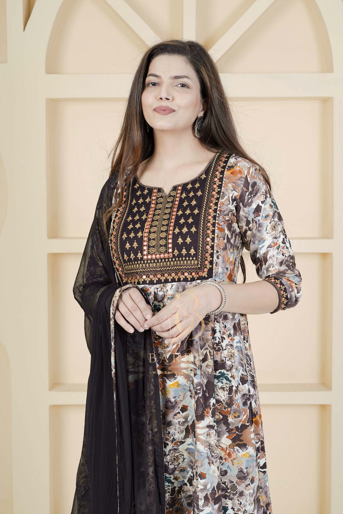BARBEEE Embroidered, Embellished, Floral Print Kurta, Trouser/Pant & Dupatta Set - Kyra (Black)