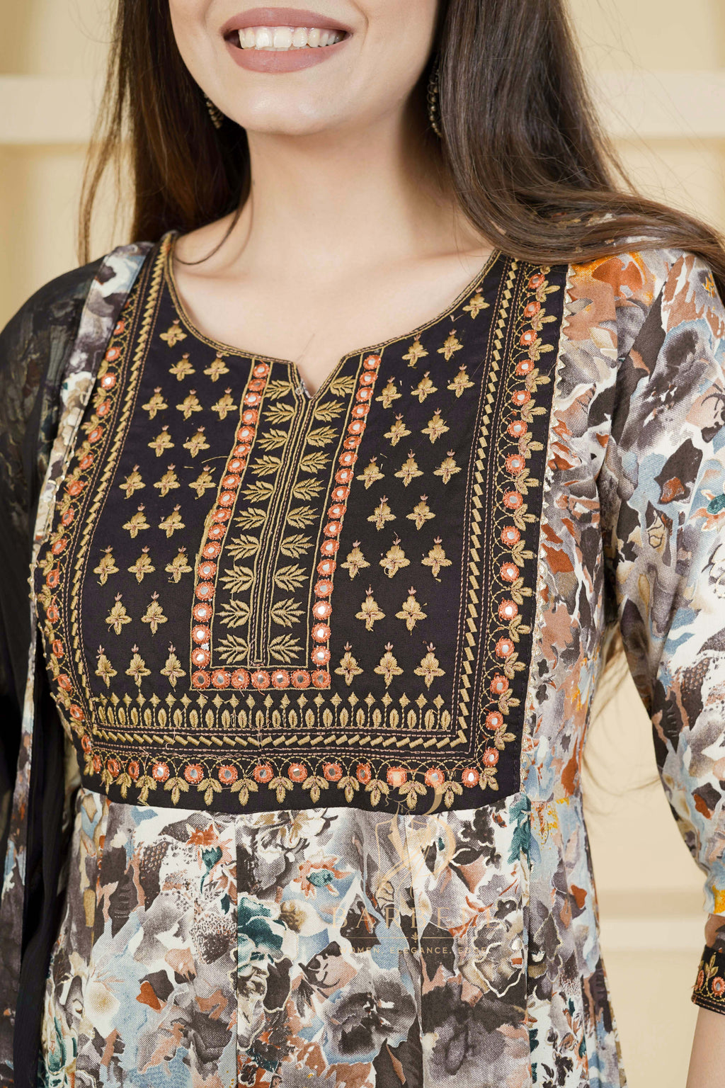 BARBEEE Embroidered, Embellished, Floral Print Kurta, Trouser/Pant & Dupatta Set - Kyra (Black)