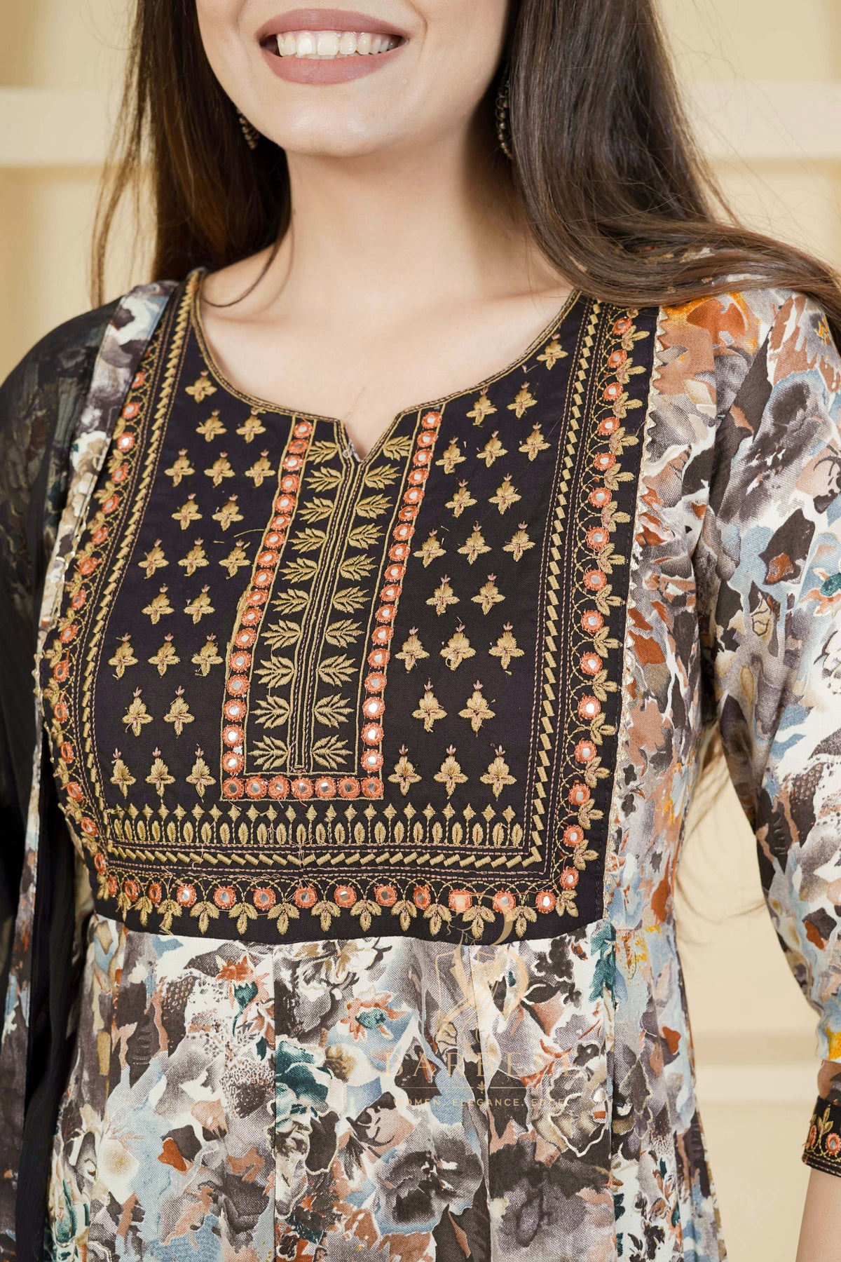 BARBEEE Embroidered, Embellished, Floral Print Kurta, Trouser/Pant & Dupatta Set - Kyra (Black)