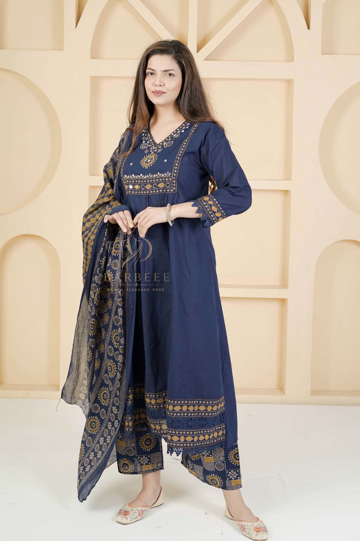 BARBEEE Embellished, Embroidered, Floral Print Kurta, Palazzo & Dupatta Set - Vrinda (Navy Blue)