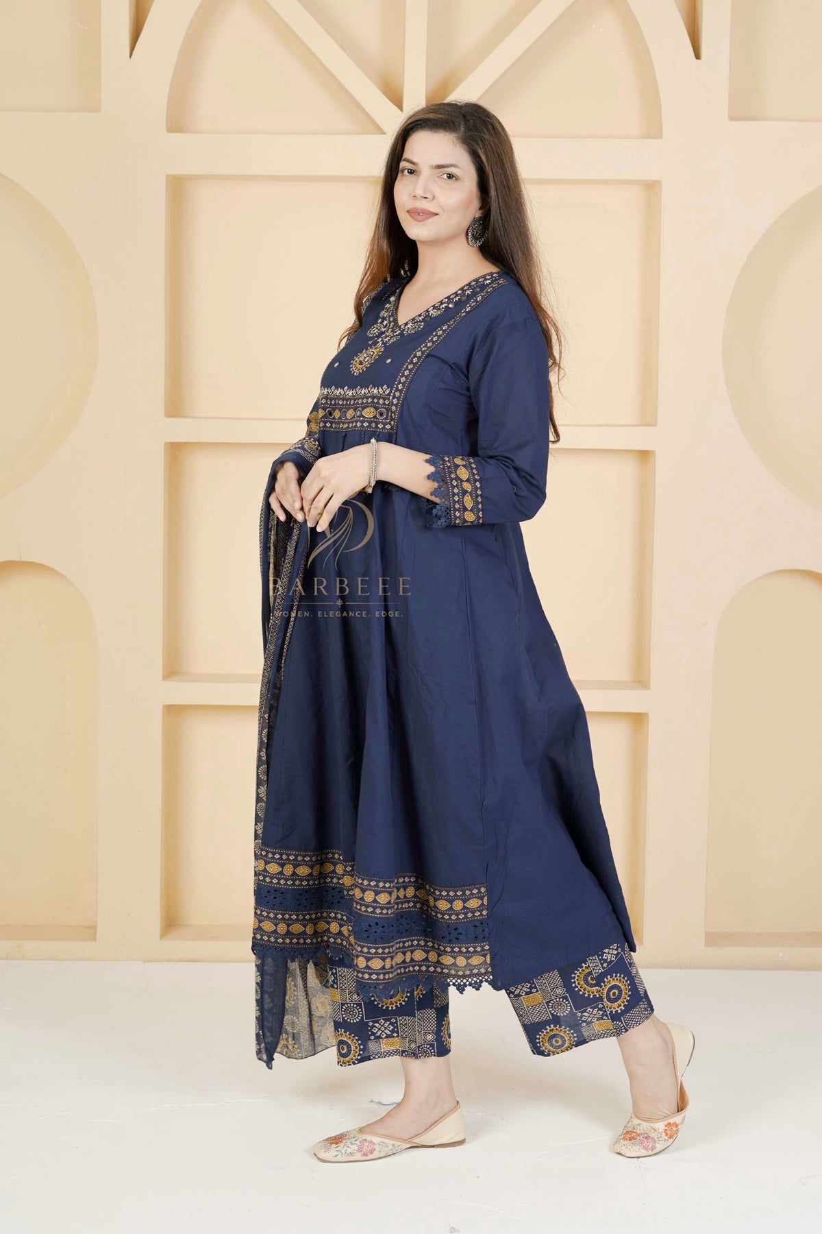 BARBEEE Embellished, Embroidered, Floral Print Kurta, Palazzo & Dupatta Set - Vrinda (Navy Blue)