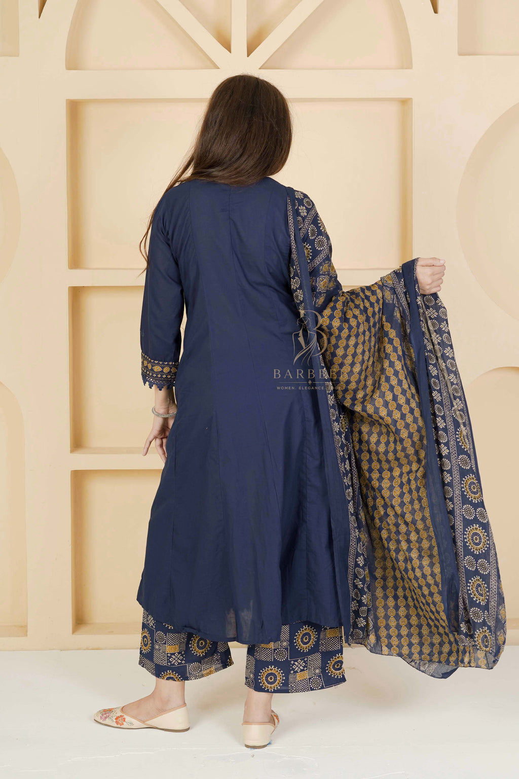 BARBEEE Embellished, Embroidered, Floral Print Kurta, Palazzo & Dupatta Set - Vrinda (Navy Blue)
