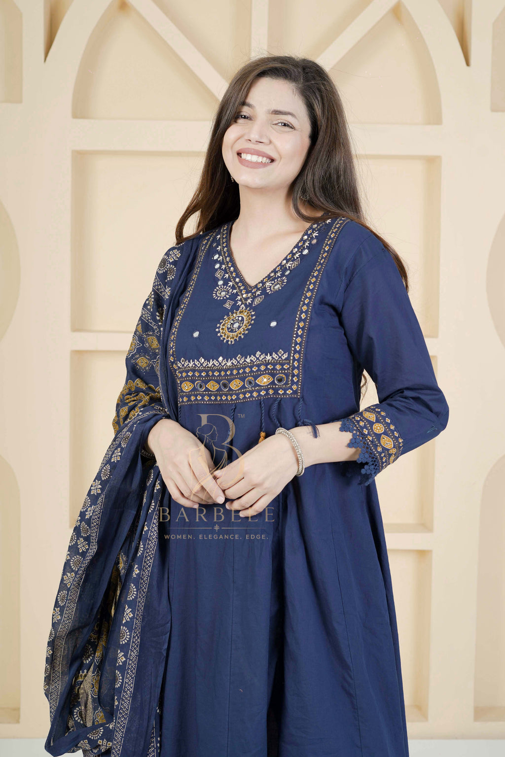 BARBEEE Embellished, Embroidered, Floral Print Kurta, Palazzo & Dupatta Set - Vrinda (Navy Blue)