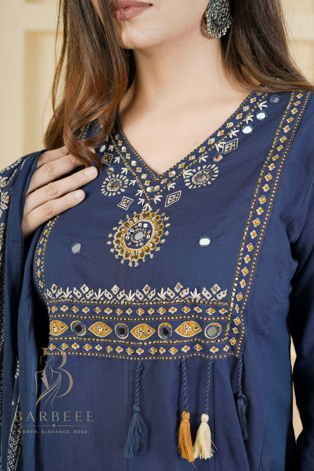 BARBEEE Embellished, Embroidered, Floral Print Kurta, Palazzo & Dupatta Set - Vrinda (Navy Blue)