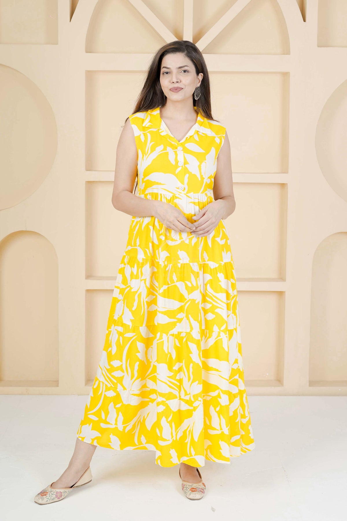 BARBEEE Flared/A-line Gown (Yellow, White) - Jaya